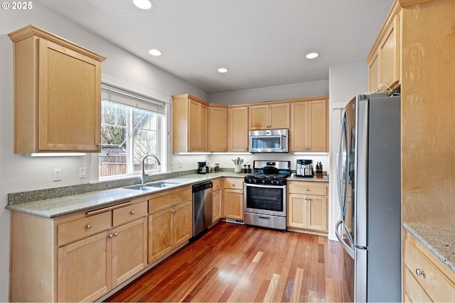 kitchen featuring wood finished floors, stainless steel appliances, light brown cabinetry, a sink, and recessed lighting