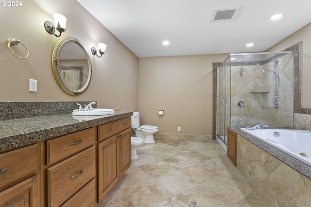 full bathroom with independent shower and bath, a bidet, vanity, and toilet