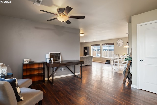 office featuring ceiling fan and dark wood-type flooring