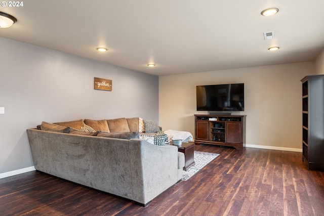 living room with dark hardwood / wood-style flooring