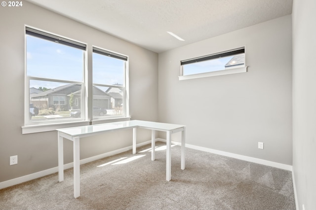 unfurnished office with plenty of natural light, a textured ceiling, and carpet flooring