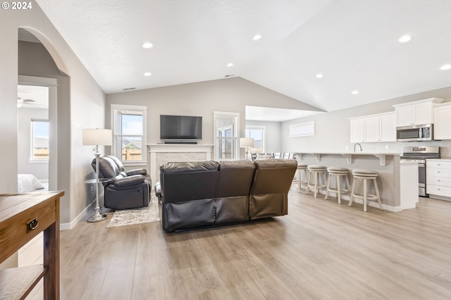 living room featuring a fireplace, light hardwood / wood-style flooring, and lofted ceiling