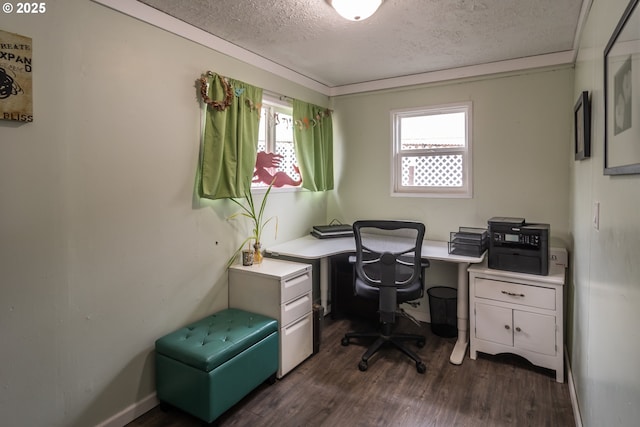 office featuring a textured ceiling, dark hardwood / wood-style floors, and crown molding