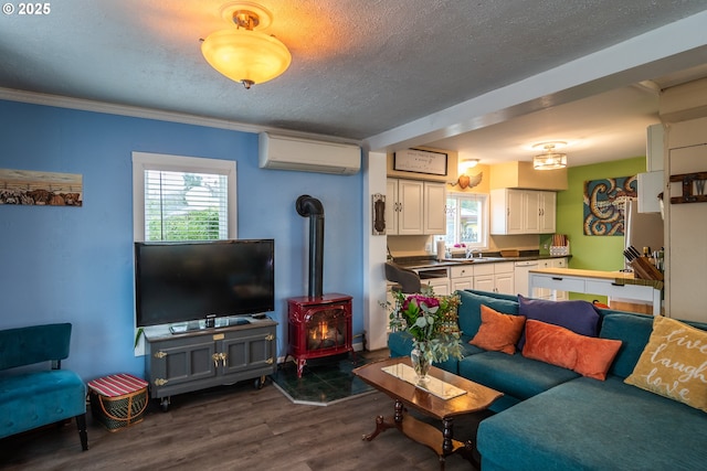 living room featuring a wood stove, sink, dark hardwood / wood-style floors, a wealth of natural light, and a wall unit AC