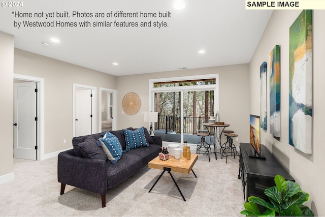 living room featuring baseboards, recessed lighting, and light colored carpet