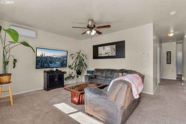 living room featuring light carpet, an AC wall unit, and ceiling fan