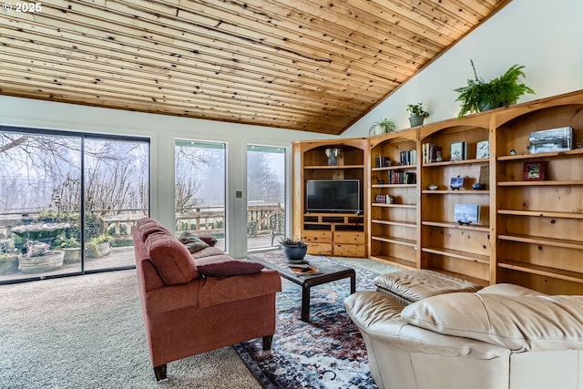 living room featuring wood ceiling, high vaulted ceiling, and carpet flooring