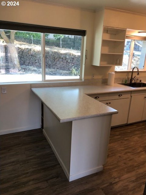 kitchen featuring ornamental molding, dark hardwood / wood-style flooring, kitchen peninsula, sink, and white cabinets