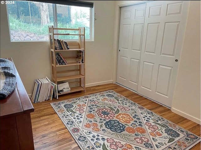 bedroom with a closet and hardwood / wood-style flooring