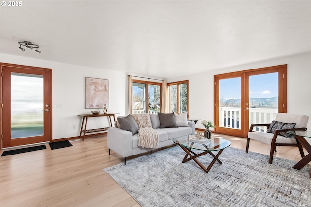 living room with light hardwood / wood-style flooring and french doors