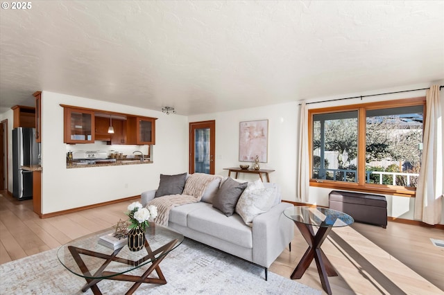 living room with sink, light hardwood / wood-style floors, and a textured ceiling