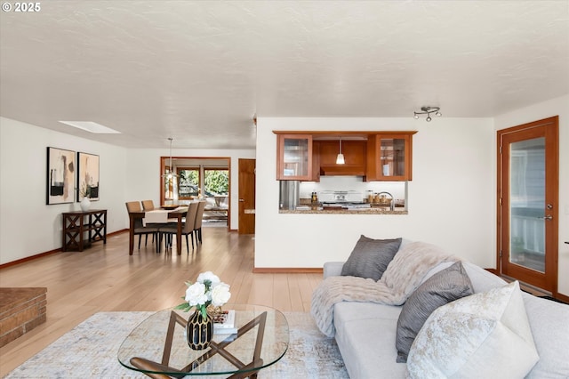 living room featuring sink and light hardwood / wood-style floors