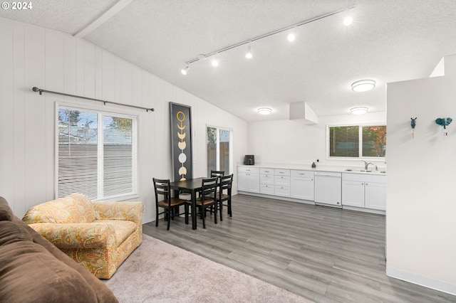 dining area with hardwood / wood-style flooring, a healthy amount of sunlight, sink, and vaulted ceiling