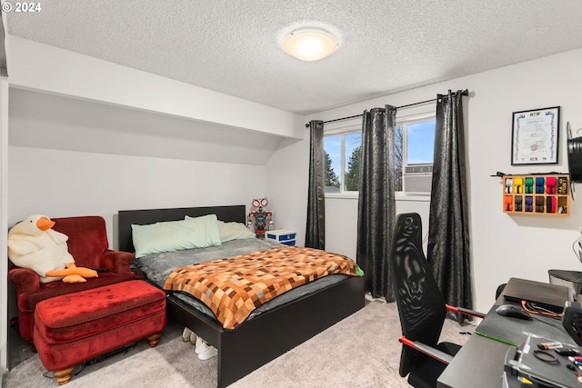 bedroom with carpet, a textured ceiling, and cooling unit