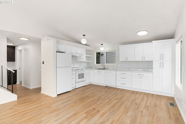 kitchen featuring white cabinets, light wood-type flooring, white appliances, and sink