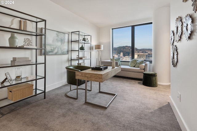 carpeted home office featuring baseboards