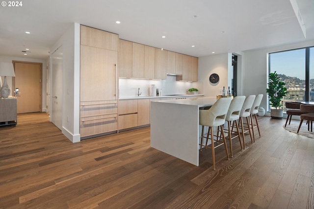 kitchen featuring dark wood-style floors, a large island, modern cabinets, light brown cabinets, and recessed lighting