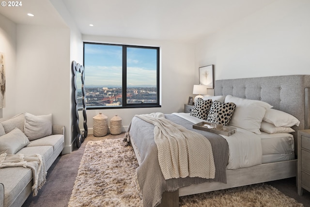 carpeted bedroom with baseboards and recessed lighting