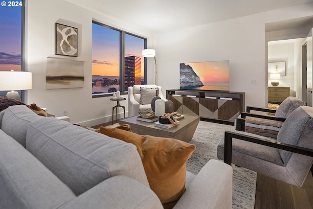 living area featuring wood finished floors and baseboards