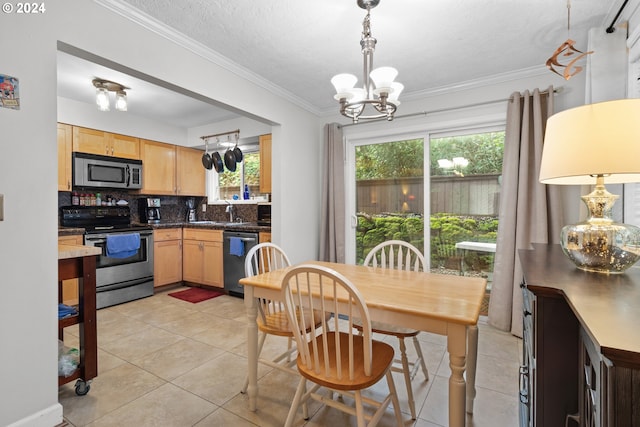 tiled dining room with a notable chandelier and crown molding