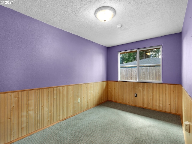 carpeted spare room with wooden walls and a textured ceiling