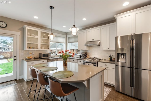 kitchen featuring under cabinet range hood, glass insert cabinets, dark wood-style floors, and appliances with stainless steel finishes