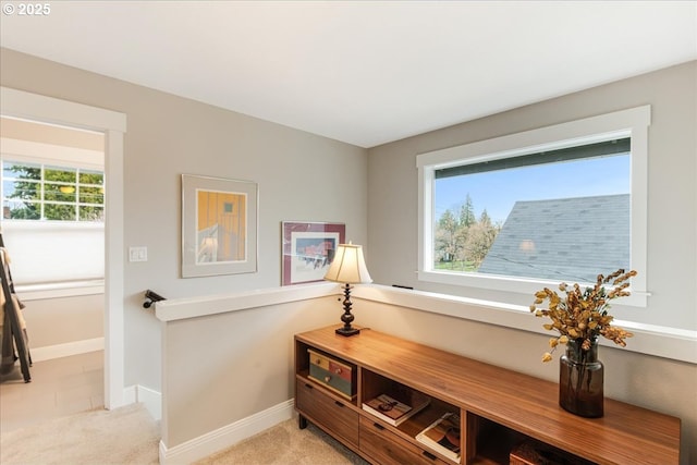 interior space with light colored carpet and baseboards