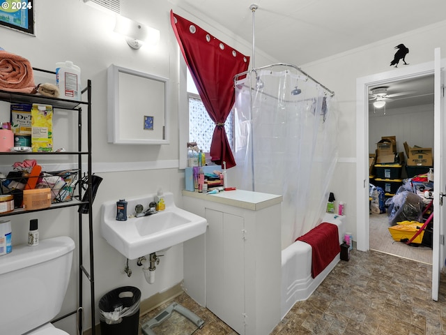 full bathroom with toilet, crown molding, sink, shower / bath combination with curtain, and ceiling fan