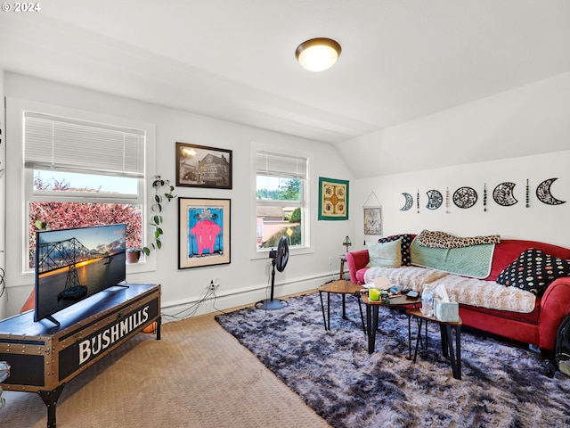 carpeted living room featuring lofted ceiling