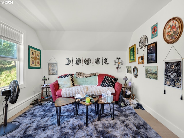 living room with vaulted ceiling