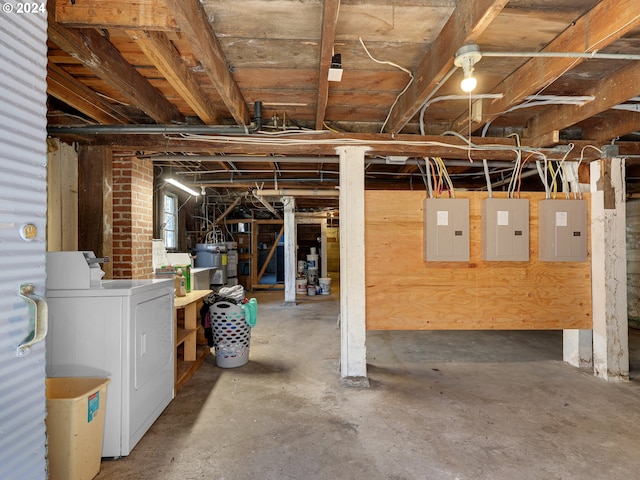 basement featuring washer / dryer and electric panel