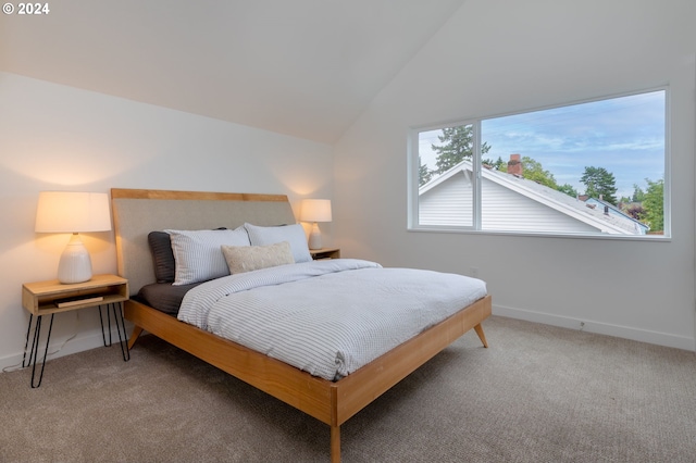 bedroom featuring carpet and lofted ceiling