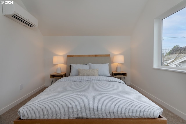 carpeted bedroom with lofted ceiling and a wall mounted AC