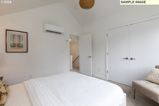 carpeted bedroom featuring high vaulted ceiling, a wall unit AC, and a closet