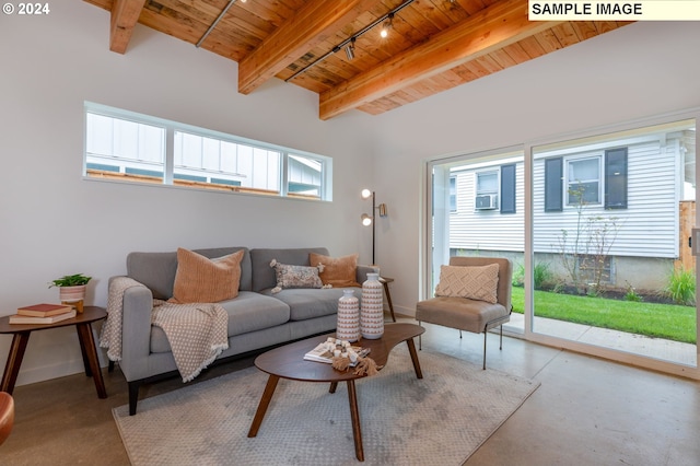 living room with beam ceiling, rail lighting, and wood ceiling