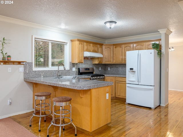 kitchen with light wood-type flooring, ornamental molding, sink, white fridge with ice dispenser, and stainless steel range with gas stovetop