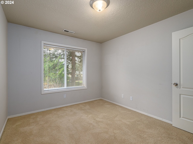 empty room with a textured ceiling and light colored carpet