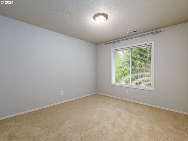 unfurnished room with a textured ceiling and light carpet