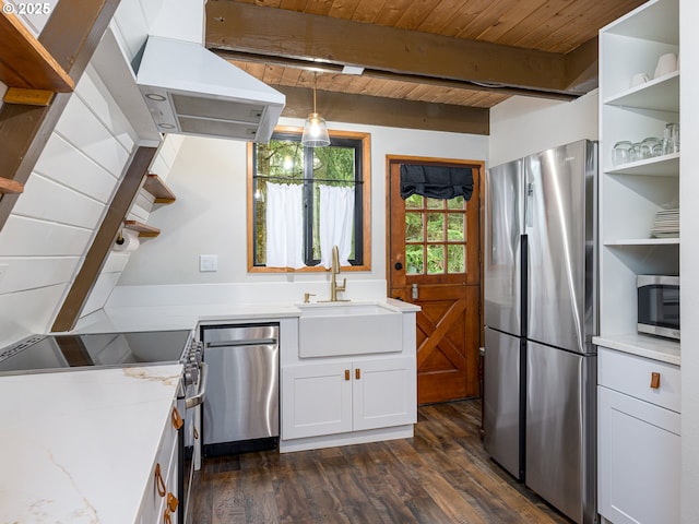 kitchen featuring sink, wooden ceiling, stainless steel appliances, beamed ceiling, and pendant lighting