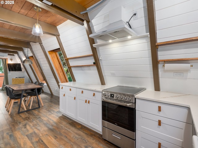 kitchen featuring white cabinetry, dark hardwood / wood-style flooring, beamed ceiling, pendant lighting, and stainless steel electric range