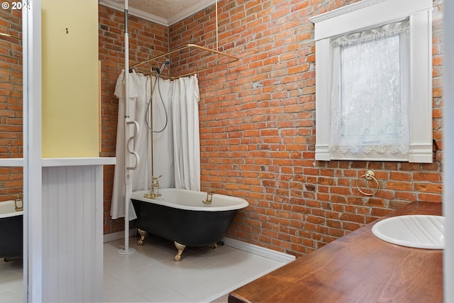 bathroom featuring brick wall, ornamental molding, tile patterned flooring, and shower / bathtub combination with curtain