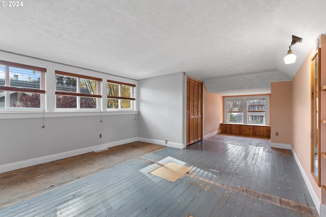 spare room featuring a textured ceiling, lofted ceiling, a wealth of natural light, and dark hardwood / wood-style floors