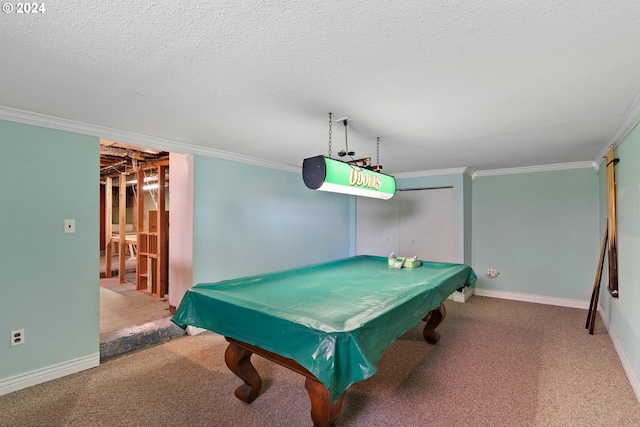 playroom with crown molding, carpet, a textured ceiling, and pool table