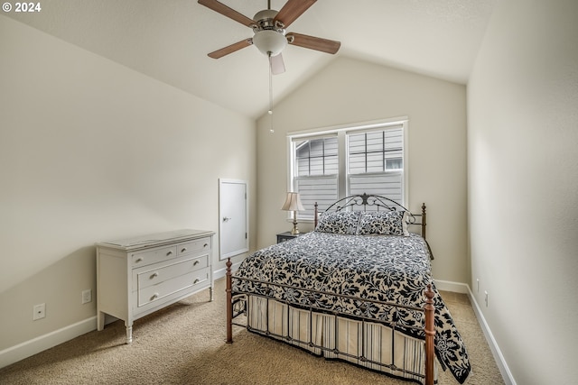 carpeted bedroom with lofted ceiling and ceiling fan