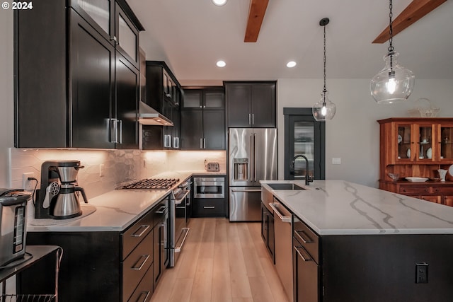 kitchen featuring pendant lighting, sink, backsplash, stainless steel appliances, and a center island with sink