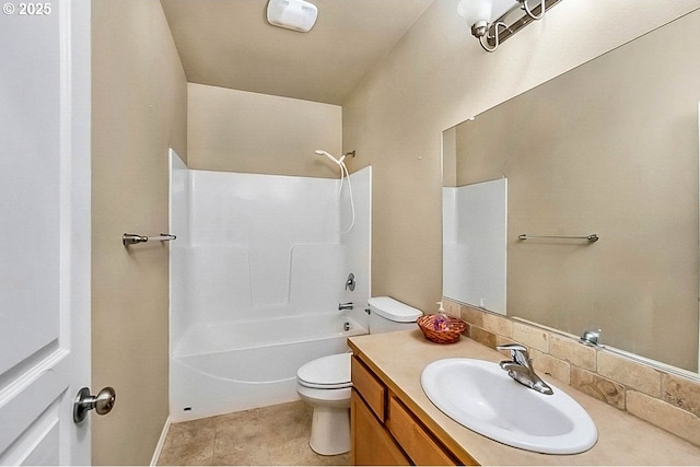 full bath featuring shower / bathing tub combination, vanity, toilet, and tile patterned floors