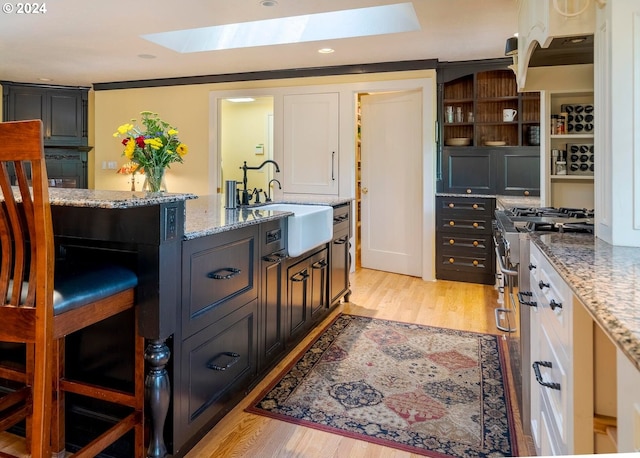 kitchen featuring light stone counters, sink, light hardwood / wood-style floors, high end stainless steel range, and a skylight