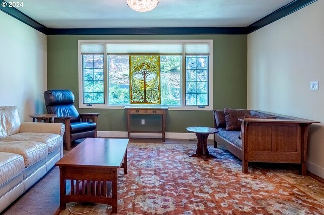 living area with ornamental molding