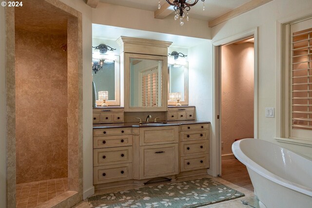 bathroom with hardwood / wood-style flooring, a chandelier, vanity, and independent shower and bath