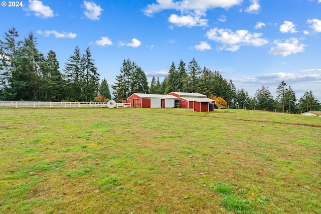 view of yard with a rural view and an outbuilding